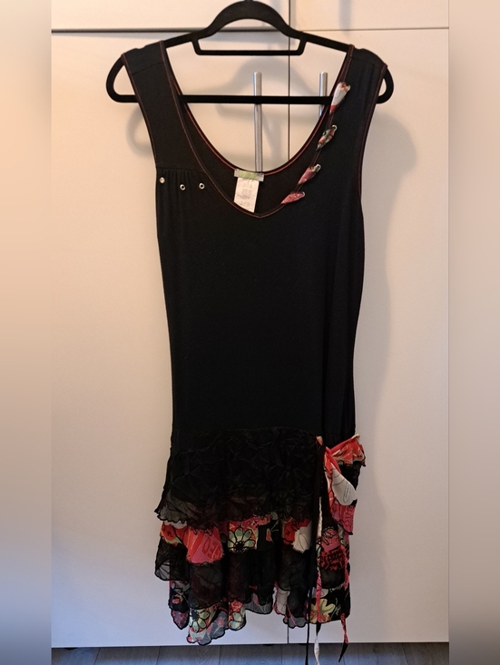 Dolcezza Dresses & Skirts - Dolcezza, Black Sleeveless Dress with Red Stitching and Floral Button Accents